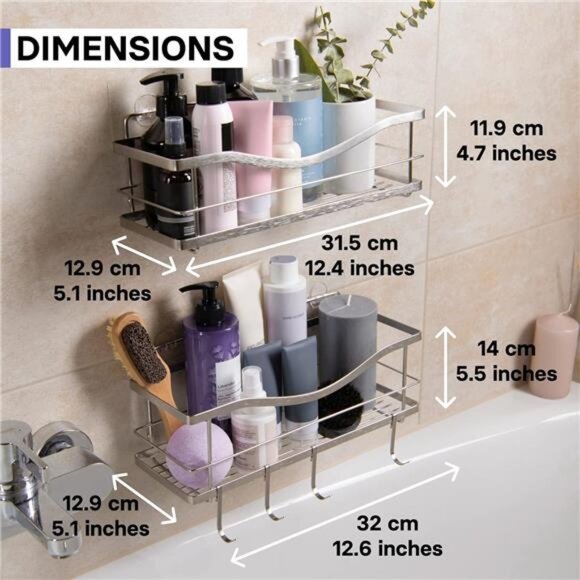 Premium Shower Caddy, Self Adhesive Wall Organizer, 2-Pack No Drill - Picture 2 of 7